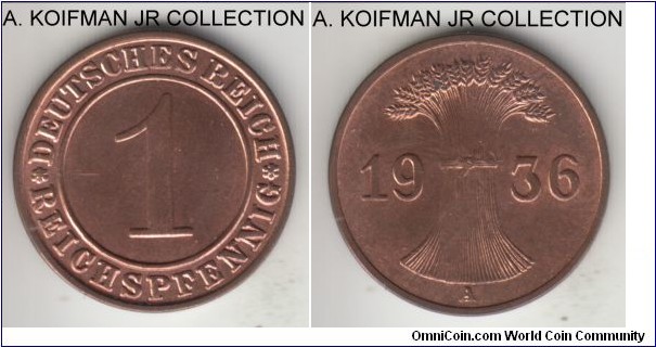 KM-37, 1936 Germany (Weimar) reichspfennig, Berlin mint (A mint mark); bronze, plain edge; last of the Weimar coinage, red uncirculated.