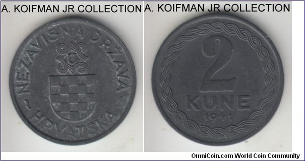 KM-2, 1941 Croatia 2 kune; zinc, plain edge; Independent Republic, 1-year type, nice extra fine or better grade with little bit of remaining luster on obverse and not of the zinc rust.