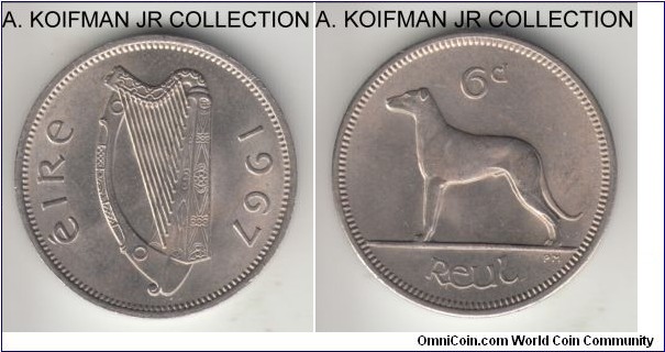 KM-13a, 1967 Ireland 6 pence; copper-nickel, plain edge; late Republican pre-decimal coinage, decent uncirculated.
