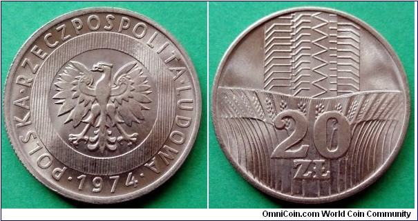 Poland 20 złotych. 1973, Cu-ni. Weight; 10,15g. Diameter; 29mm. Kremnica mint. Mintage: 12.000.000 pcs. (III)
