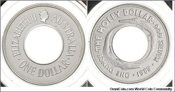 Australia 1 Dollar 1989 - The Holey Dollar. 1 Oz. 999 Silver.
