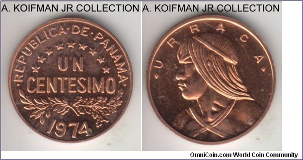 KM-22, 1974 Panama centesimo, San Francisco mint; proof, bronze, plain edge; proof variety of the circulation issue, included in 18,000 proof set minted that year, mostly red, couple of carbon spots.
