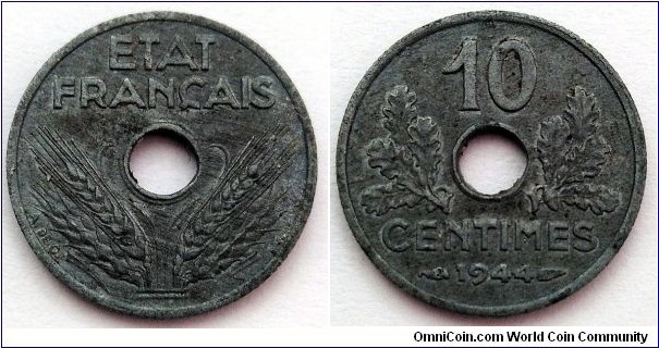 Vichy French State 10 centimes. 1944, Zinc (II)