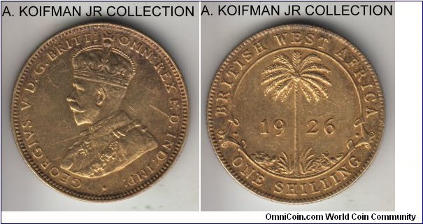 KM-12a, 1926 British West Africa shilling, Royal Mint (no mint mark); tin-brass, reeded edge; George V, scarcer early years of the type, extra fine or about details, cleaned and few obverse scratches.