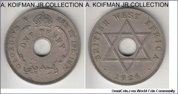 KM-9, 1926 British West Africa penny, Royal Mint; copper nickel, holed flan, plain edge; George V, decent very fine to good very fine.