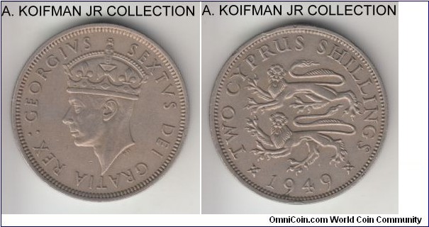 KM-32, 1949 Cyprus 2 shillings; copper-nickel, reeded edge; George VI, 1-year type, extra fine or about, couple of minor edge bumps.