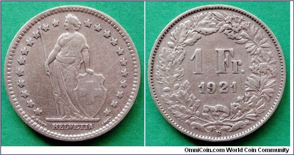 Switzerland 1 franc.
1921, B - Ag 835. Weight; 5g. Diameter; 23,3mm. Mintage: 3.800.000 pcs.