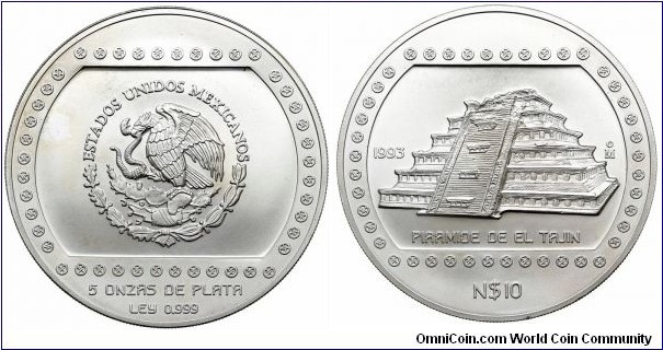 10 Nuevos Pesos - 5 Onzas - El Tajín. Bullion coinage.