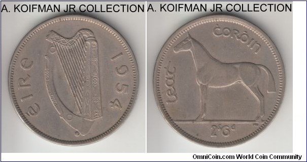 KM-16a, 1954 Ireland 1/2 crown; copper-nickel, reeded edge; scarcer key year of the type, decent extra fine or so.