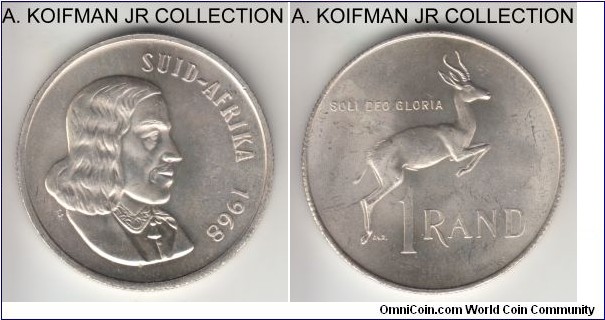 KM-71.2, 1968 South Africa (Republic) rand; silver, reeded edge; Afrikaans legend, Jan van Riebeeck, minted in sets only with mintage 50,000, lustrous bright white uncirculated.