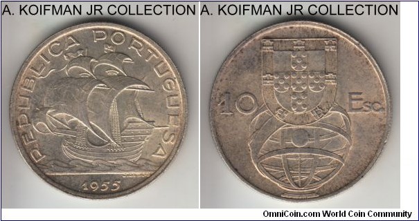 KM-586, 1955 Portugal 10 escudos; silver, reeded edge; 2-year type, toned average uncirculated or almost.