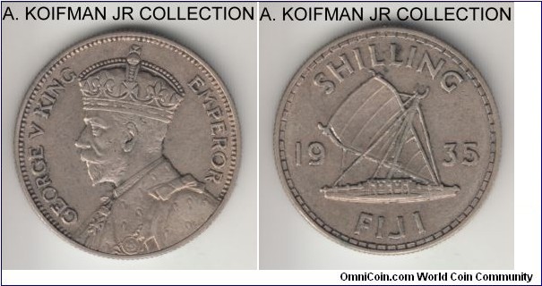 KM-4, 1935 Fiji shilling; silver, reeded edge; George V, smaller mintage year, good very fine to extra fine.