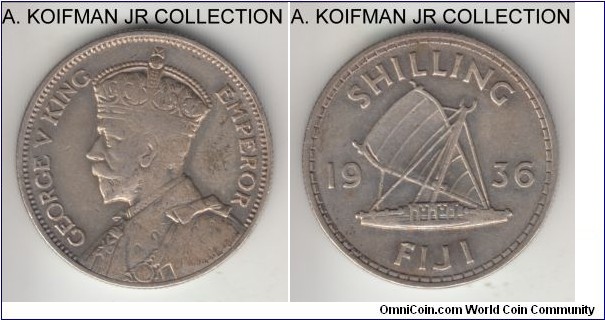 KM-4, 1936 Fiji shilling; silver, reeded edge; George V, last of the 3 years of the type and smallest mintage, good fine.