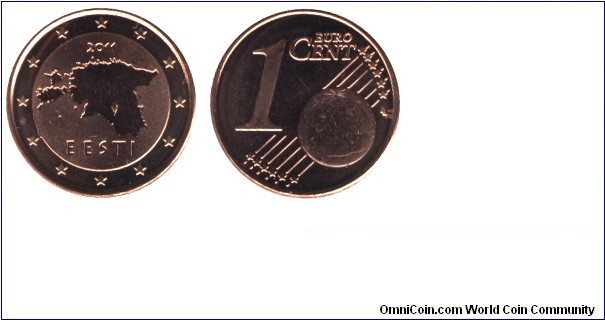 Estonia, 1 cent, 2011, Cu-Steel, 16.25mm, 2.3g, Map of Estonia.
