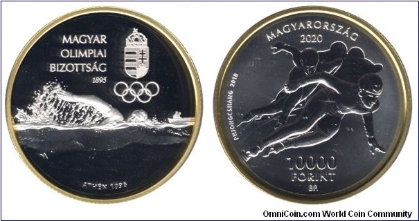 Hungary, 10000 forints, 2020, Ag, 38.61mm, 31.46g, 125th Anniversary of the Hungarian Olimpic Committee, First Hungarian Summer Olimpic Gold medal (in swimming, Athens 1895), first Hungarian Winter Olimpic Gold medal (in ice speed-skating, South-Korea, 2018). Edge of the coin is gold.
