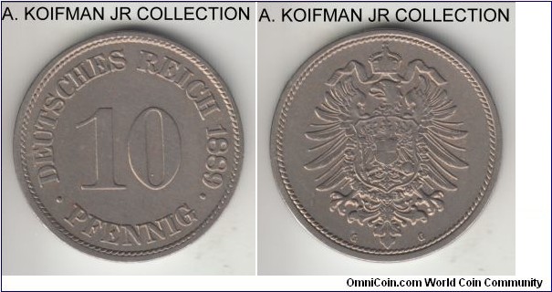 KM-4, 1889 Germany 10 pfennig, Karlsruhe mint (G mint mark); copper-nickel, plain edge; Wilhelm I, last year of the type and relatively small mintage, high grade, extra fine or about.