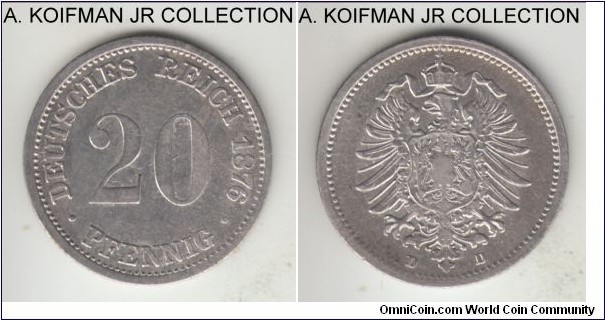 KM-5, 1876 Germany 20 pfennig, Munich mint (D mint mark); silver, reeded edge; Wilhelm I, early unification short 5-year type, common mint, good fine to very fine.