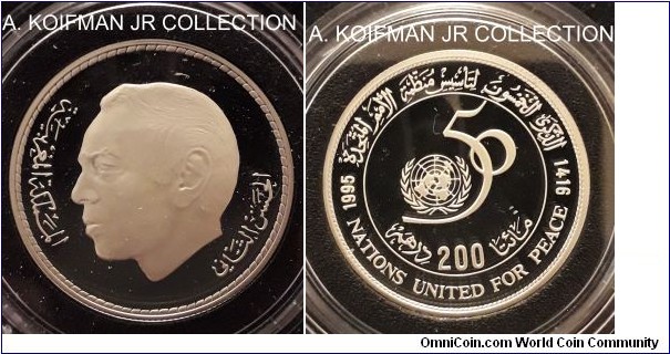 Y#102, AH1416 (1995) Morocco 200 dirhams; proof, silver, reeded edge; al-Hassan II, one year type, United Nations 50'th anniversary commemorative, deep cameo proof, tiny mintage of 1,300.