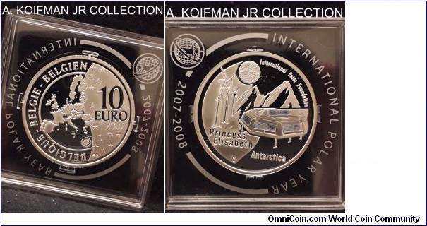 KM-263, 2007 Belgium 10 euro; proof, silver, reeded edge; Albert II, Polar Year commmemorative, in original holder of issue, mintage 50,000, deep cameo proof.