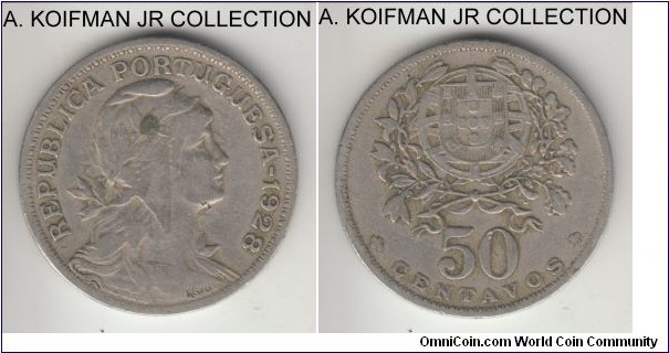 KM-577, 1928 Portugal 50 centavos; copper-nickel, reeded edge; well circulated, good fine or so details, obverse spot.