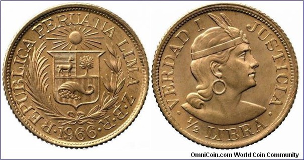 1966 Peru 1/2 Libra.
3.994g Gold 916.