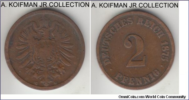 KM-2, 1875 Germany 2 pfennig, Frankfurt mint (C mint mark); copper, plain edge; Wilhelm I, early unification common year and mint mark, brown fine to good fine.