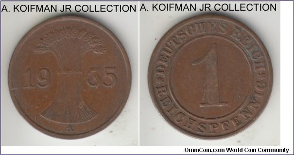 KM-37, 1935 Germany (Weimar) reichspfennig, Berlin mint (A mint mark); bronze, plain edge; common year and mint, a bit dirty good very fine to extra fine coin.
