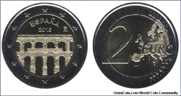 Spain, 2 euros, 2016, Cu-Ni-Ni-Brass, bi-metallic, 25.75mm. 8.5g, Aqueduct of Segovia.