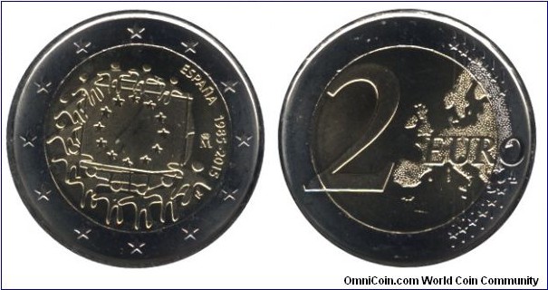 Spain, 2 euros, 2015, Cu-Ni-Ni-Brass, bi-metallic, 25.75mm, 8.5g, 1985-2015, 30th Anniversary of the European Flag.