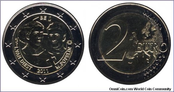 Belgium, 2 euros, 2011, Cu-Ni-Ni-Brass, bi-metallic, 25.75mm, 8.5g, 1st Centenary of the International Women's Day, M. Popelin.