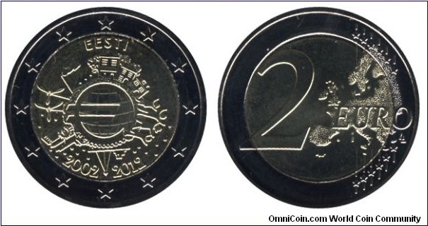 Estonia, 2 euros, 2012, Cu-Ni-Ni-Brass, bi-metallic, 25.75mm, 8.5g, 2002-2012, 10 Years of Euro.