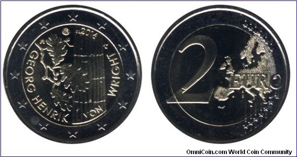 Finland, 2 euros, 2016, Cu-Ni-Ni-Brass, bi-metallic, 25.75mm, 8.5g, Georg Henrik von Wright.