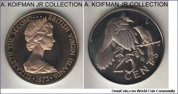 KM-4, 1973 British Virgin Islands 25 cents, Franklin mint (FM mint mark in monogram); proof, copper-nickel, reeded edge; Mangrove cuckoo, toned proof specimen from set mintage 181,000.