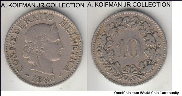 KM-27, 1880 Switzerland 10 rappen, Bern mint (B mint mark); copper-nickel, plain edge; standard coinage, average circulated, fine or so.