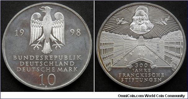 Germany 10 mark.
1998 A, 300th Anniversary of the Francke Foundations in Halle. Ag 925. Weight; 15,5g. Diameter; 32,5mm.
Mintage: 3.500.000 pcs.