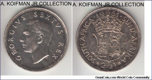 KM-39.2, 1951 South Africa (Dominion) 2 1/2 shillings; proof, silver, reeded edge; George VI, mintage 2,000 in proof, mottled toned that neverstheless shows nicely on this choice proof specimen.