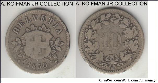 KM-6, 1850 Switzerland 10 rappen, Strasbourg mint (BB mint mark); billon, plain edge; early standard Confederation issue, well circulated.