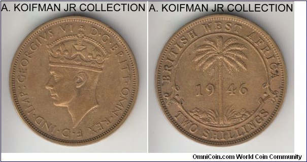 KM-24, 1946 British West Africa 2 shillings, Heaton or King Norton mint (H and KN mint mark); nickel-brass, security reeded edge; George VI, rare variety where extra mint mark was not removed from the dies before use, good extra fine or so.