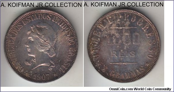 KM-507, 1907 Brazil 1000 reis; silver, reeded edge; Liberty type, choice or better uncirculated, breaking toning.