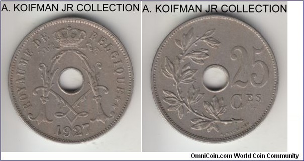 KM-68.1, 1927 Belgium 25 centimes; copper-nickel, plain edge, holed flan; common year, good extra fine.