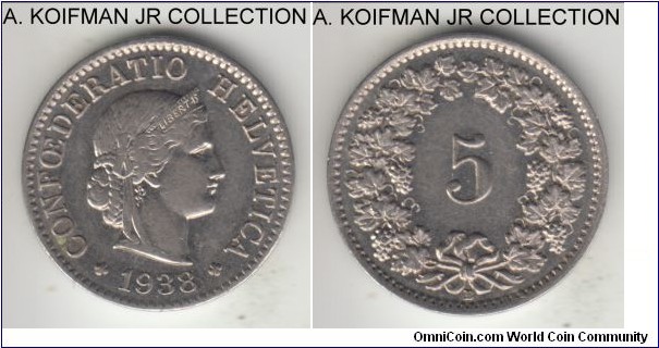 KM-26b, 1938 Switzerland 5 rappen; nickel, plain edge; sub-type of the common circulation coinage, good extra fine to almost uncirculated, as common with nickel.