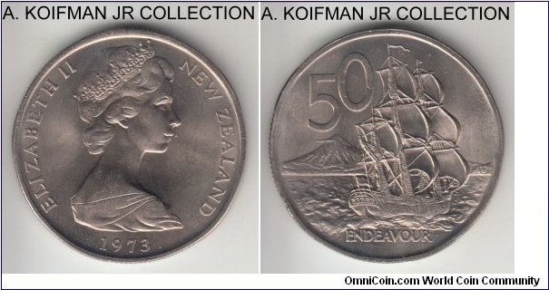 KM-37.1, 1973 New Zealand 50 cents; copper-nickel, segment reeded edge; Elizabeth II early decimal coinage, HMS Endeavour, choice or better uncirculated.