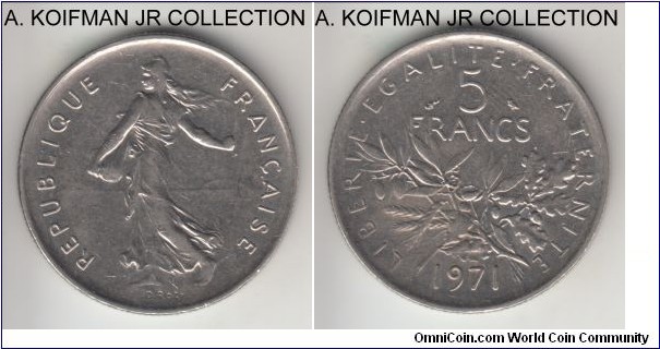KM-926a.1, 1971 France 5 francs; nickel clad copper-nickel, reeded edge; regular circulation strike, good extra fine, some reverse toning.