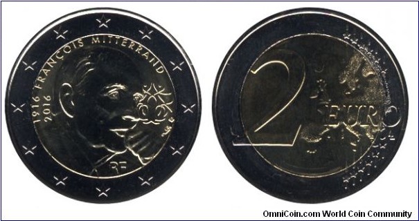 France, 2 euros, 2016, Cu-Ni-Ni-Brass, bi-metallic, 25.75mm, 8.5g, 1916-2016, François Mitterrand.