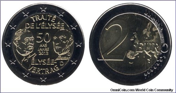 Germany, 2 euros, 2013, Cu-Ni-Ni-Brass, bi-metallic, 25.75mm, 8.5g, MM: D-Munich, 50 Years of Franco-German Friendship (Elysee Treaty).
