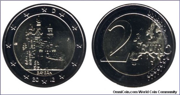 Germany, 2 euros, 2012, Cu-Ni-Ni-Brass, bi-metallic, 25.75mm, 8.5g, MM: F-Stuttgart, Neuschwanstein Castle (Bavaria).