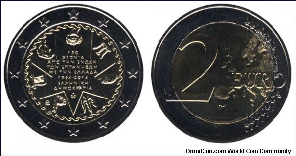 Greece, 2 euros, 2014, Cu-Ni-Ni-Brass, bi-metallic, 25.75mm, 8.5g, 1864-2014, Union of the Ionian Islands with Greece.