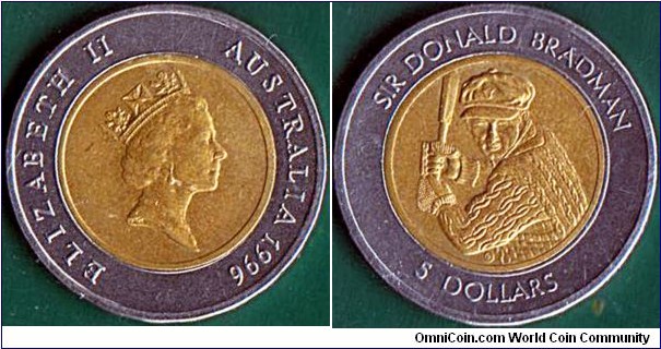 Australia 1996 5 Dollars.

Sir Donald Bradman.
