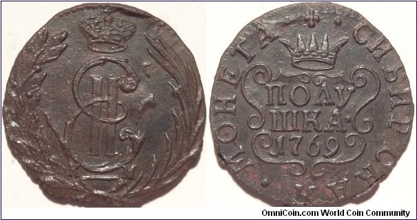 AE Polushka (1/4 kopeck) 1769 KM. Siberian regional coinage.