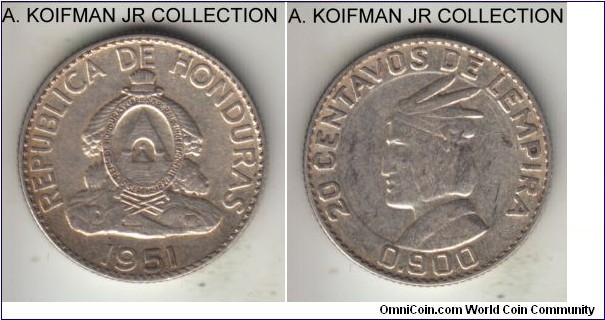 KM-73, 1951 Honduras 20 centavos de lempira, Philadelphia mint (no mint mark); silver, reeded edge; lightly toned good very fine or better.